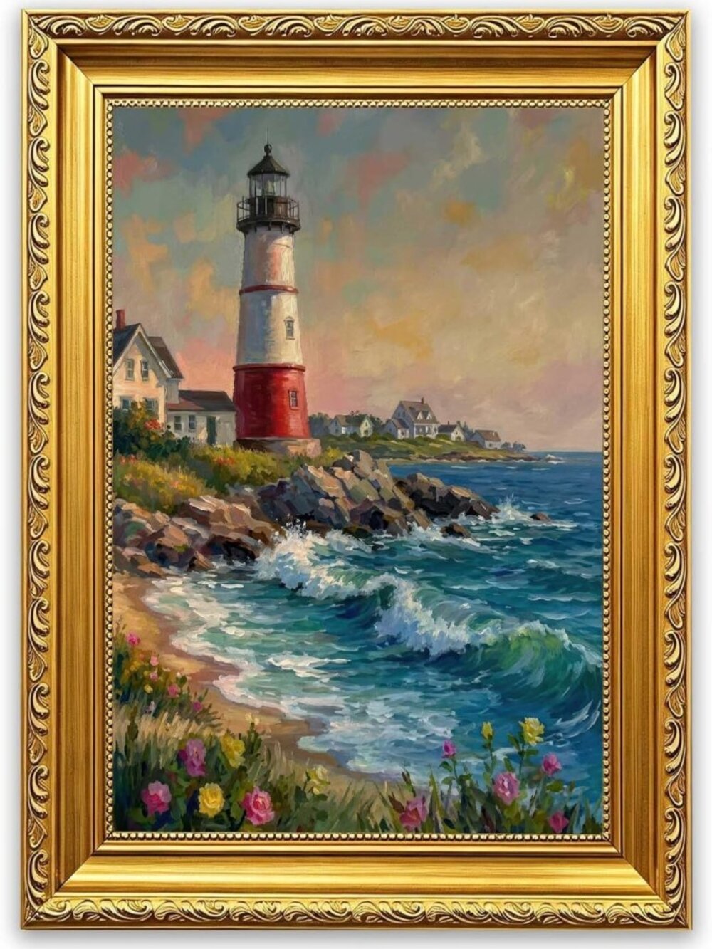 Coastal Lighthouse Canvas Wall Art - Vintage Gold Frame, Ocean Seascape Decor